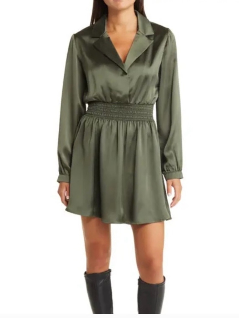 Steve Madden Long Sleeve Olive Green Satin Mini Shirtdress